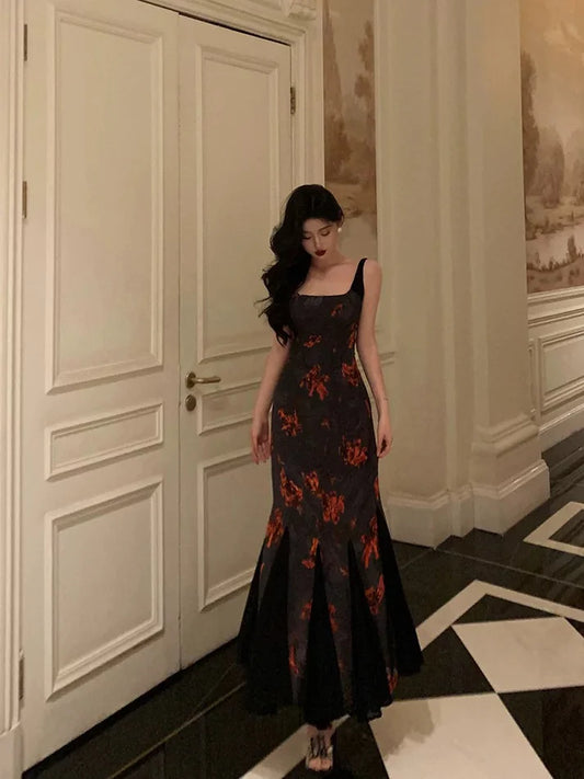 Classy Sheath Straps Black Floral Prom Dresses Birthday Outfits Evening Gown , LTP3619