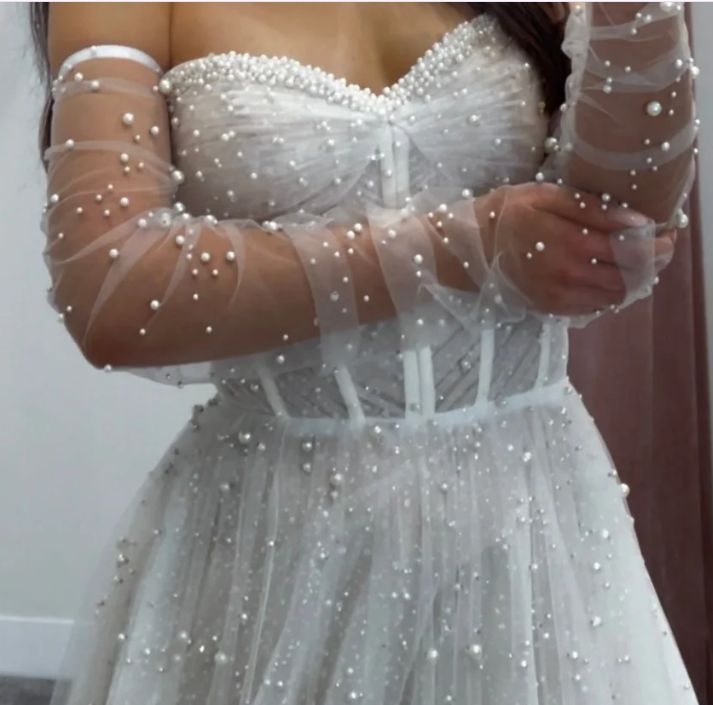 Classy White Pearl Wedding Dresses Pleated A-line Bridal Gown,LTP4242