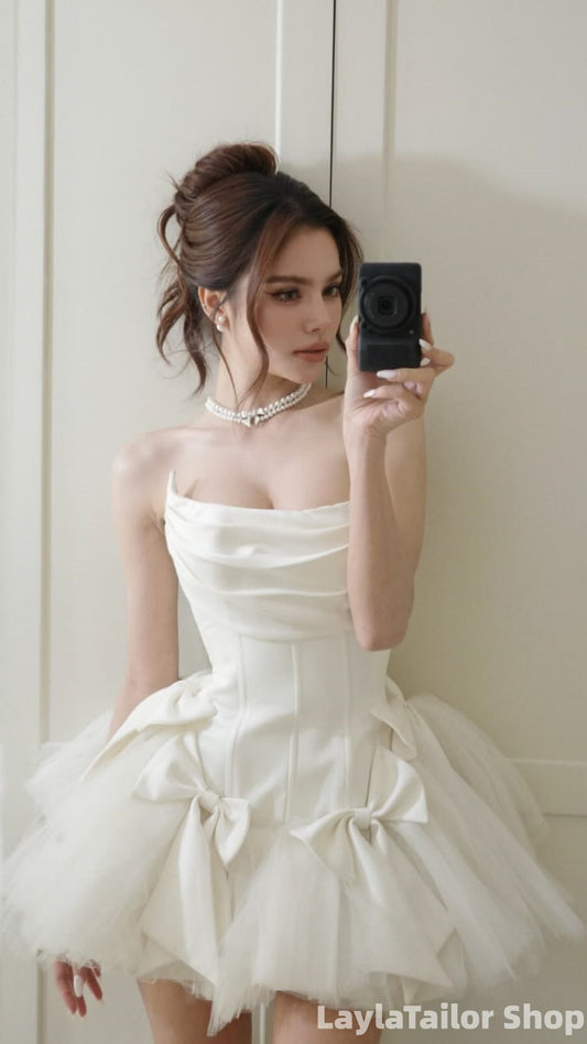 Cream White Strapless Bodycon Homecoming Dresses With Bows