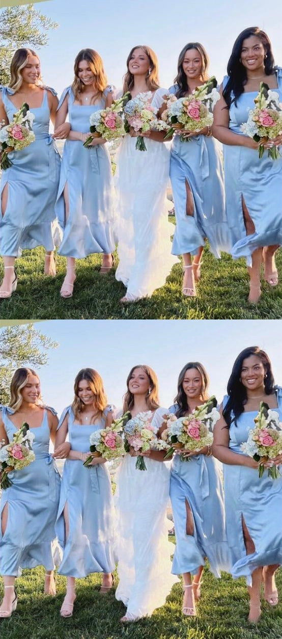 Cute Light Blue Midi Dress Silk Satin Bridesmaid Dress With Tie Up Straps, LTP3290