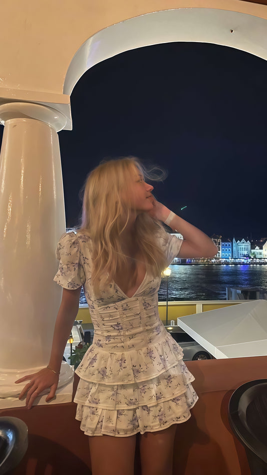 Cute Little Flowers Mini Homecoming Dress, Girls V-Neck Ruffle Party Dress, LTP3711