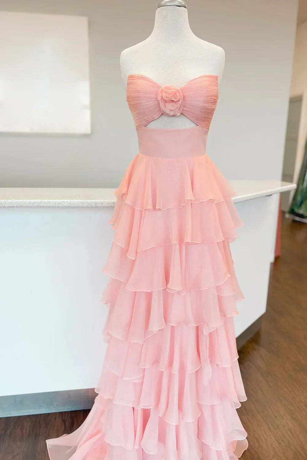 Lovely Pink Strapless A-Line Long Ruffle Chiffon Skirt Prom Dress with Slit