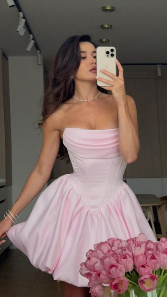 Cute Pink A-line Homecoming Dress, Strapless Mini Graduation Dress, LTP3725