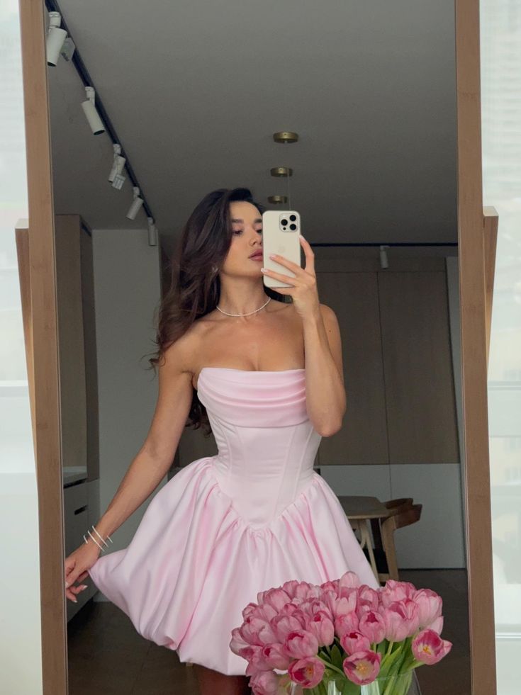 Cute Pink A-line Homecoming Dress, Strapless Mini Graduation Dress, LTP3725