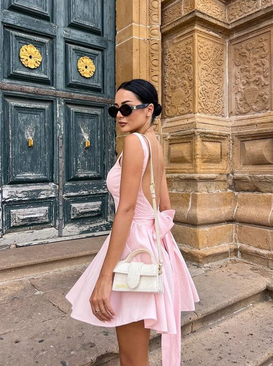 Cute Pink Open Back Homecoming Dresses With Bowknot, LTP3227