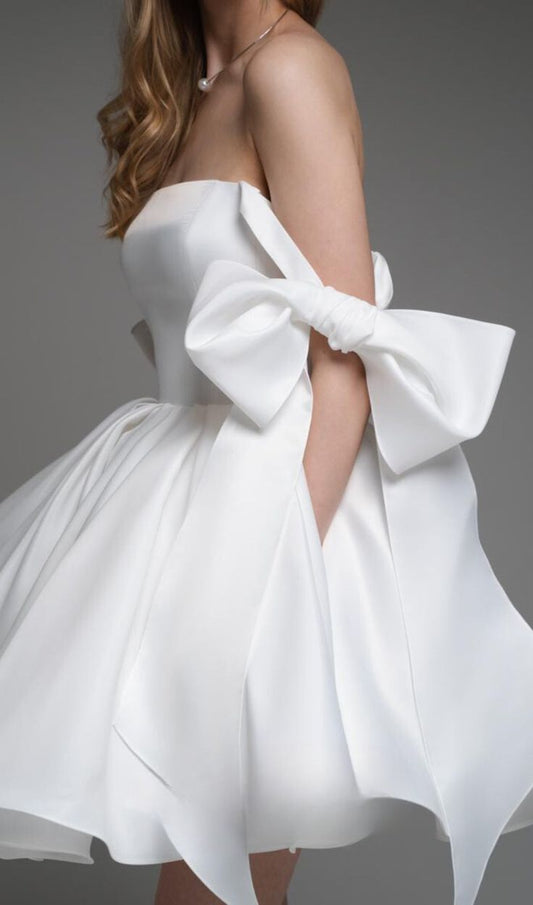 Cute White Satin Ball Gown A-Line Homecoming Dresses With Bowknot Straps, LTP3119