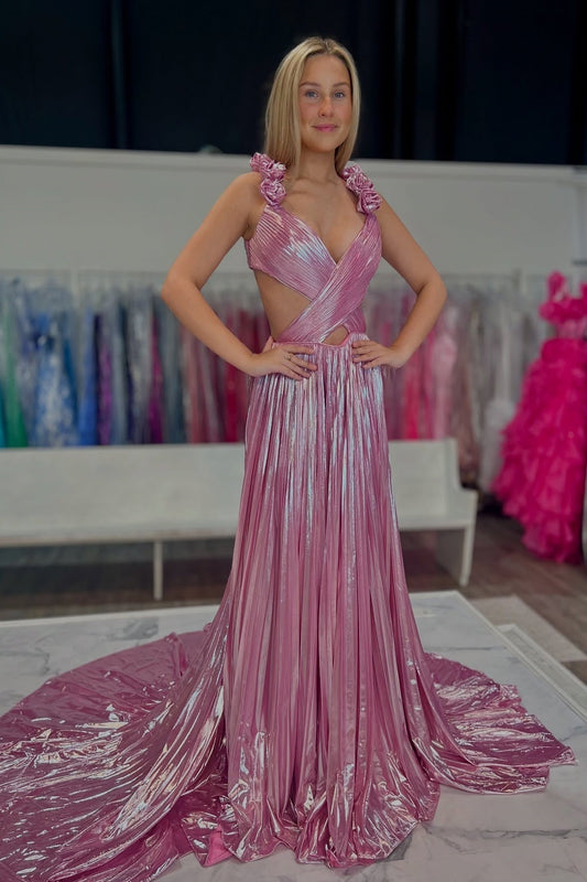 Metallic Hollowed-out Pleated A-line Prom Dress
