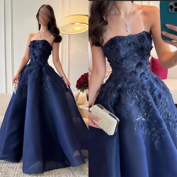 Dark Blue A-Line Prom Dress Strapless Floral Applique Evening Dance Dress,LTP4437