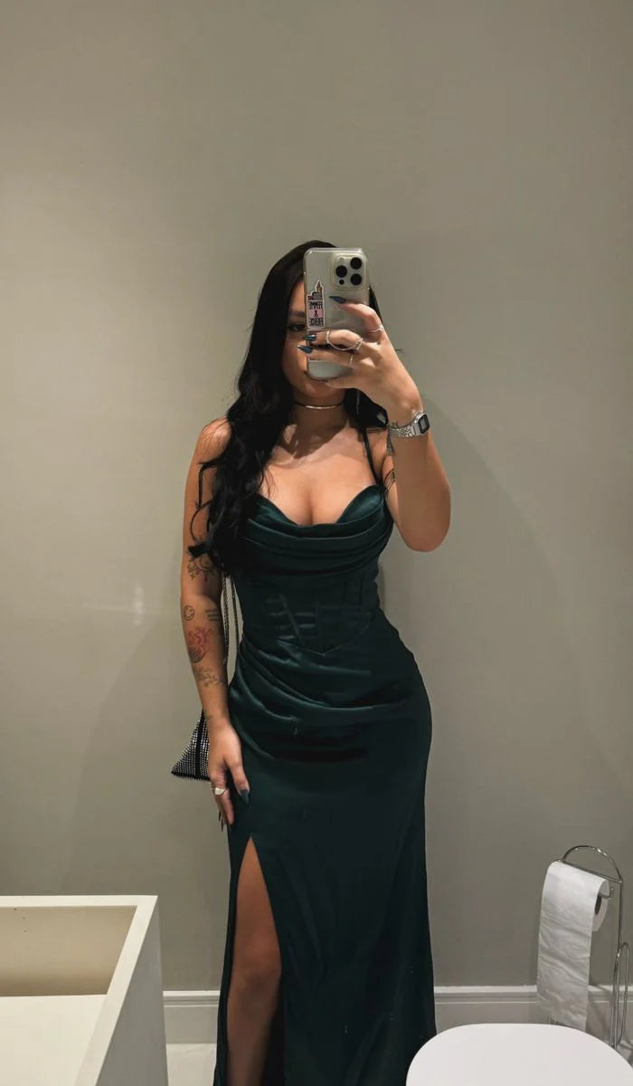 Dark Green Bodycon Long Prom Dresses Satin Evening Dress,LTP4084