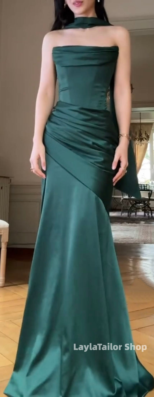 Dark Green Mermaid Satin Prom Dresses Bodycon Evening Dress With Neck Belt,LTP4557