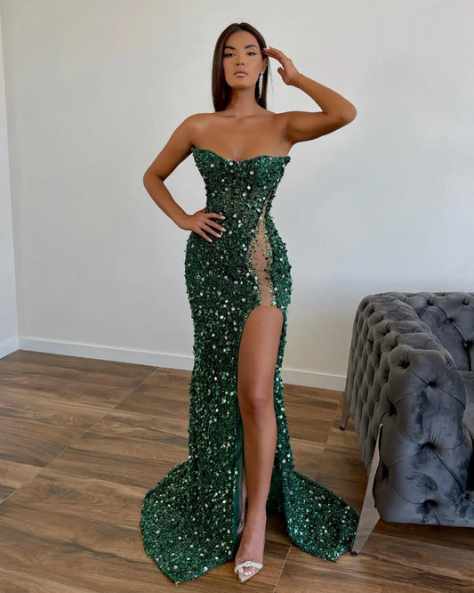 Dark Green Sequin Mermaid Prom Dress With Side Slit