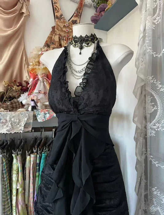 Enchanted Black A-Line Ball Gown 💫Chiffon&Tulle Princess Halter Open Back Design for Galas & Formal Events