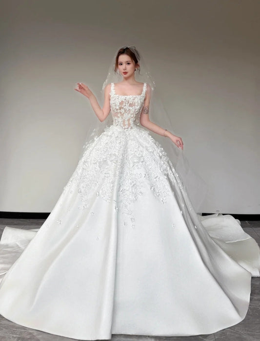 Timeless White Wedding Dress Satin Appliques A-Line Bridal Gown Sleeveless Bridal Dresss