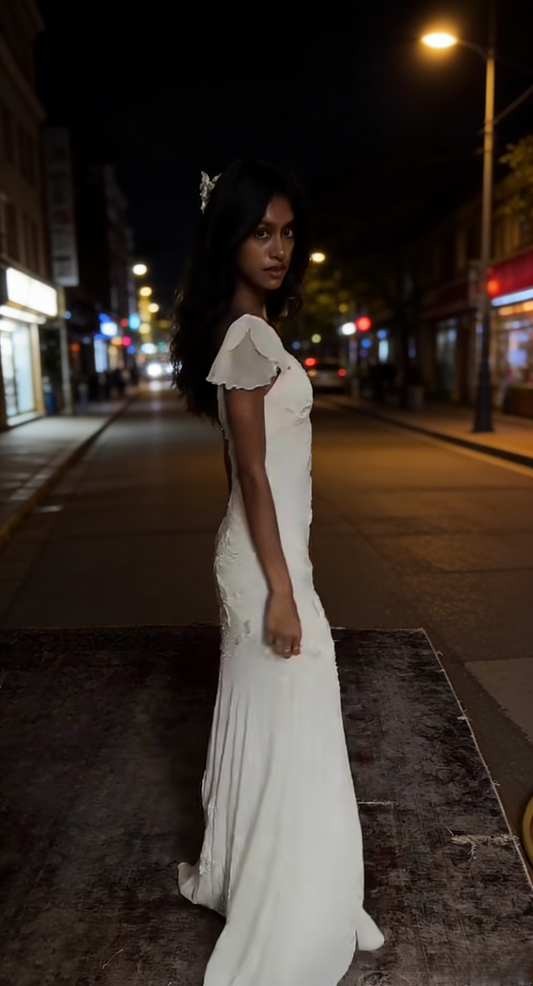 Chic V-neck Sheath Chiffon Wedding Dress Embroidered Applique White Bridal Dress