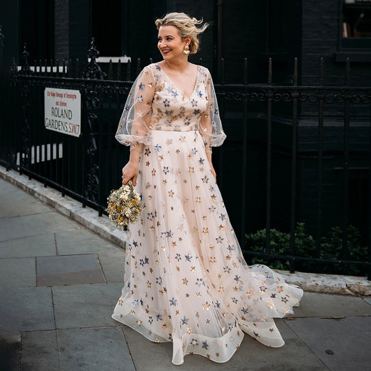 Starry Tulle A-Line Plus Size Prom Dresses With Stitch Hem