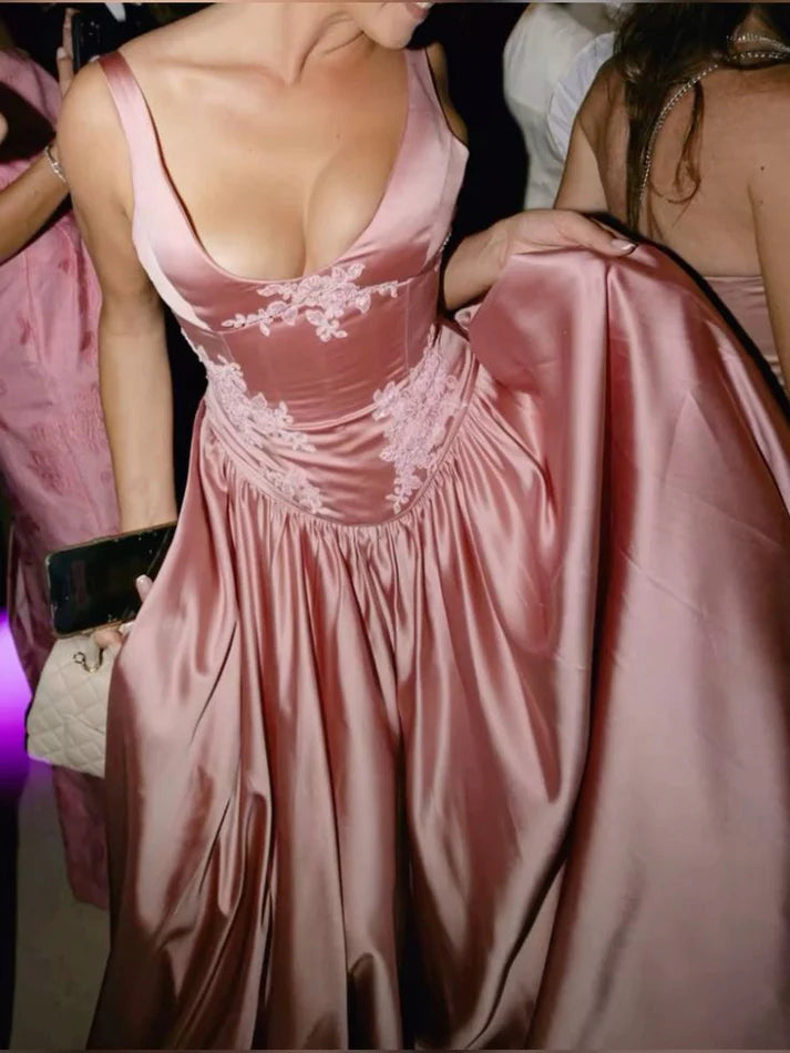 Elegant A Line V Neckline Floor-length Satin Long Pink Evening Dress Prom Dresses , LTP3638