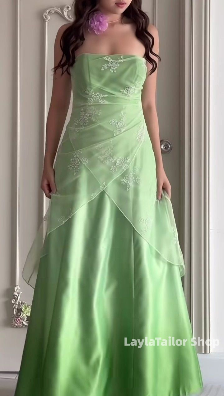 Elegant Apple Green Strapless Prom Dress Floral Lace Formal Gown,LTP3648