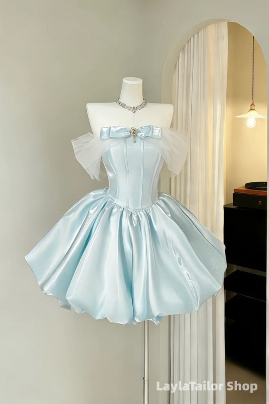 Elegant Baby Blue Sparkle Homecoming Dresses Off The Shoulder Mini Party Dress