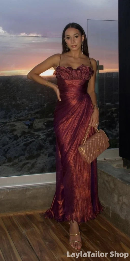 Elegant Burgundy Spaghetti Strap Sleeveless Mermaid Satin Long Evening Prom Dresses Online LTP82708