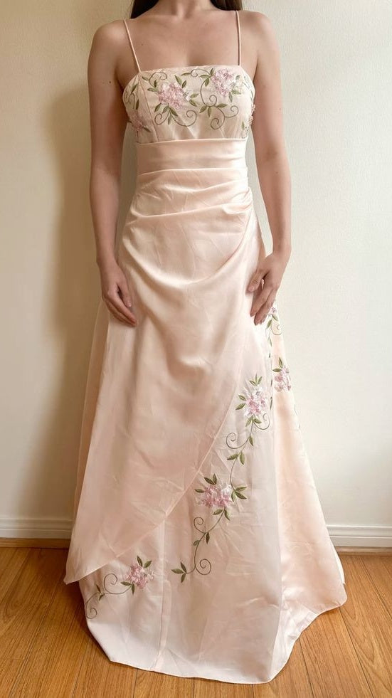 Elegant Champagne Floral Embroidery Long Prom Dresses School Event Dress,LTP3989