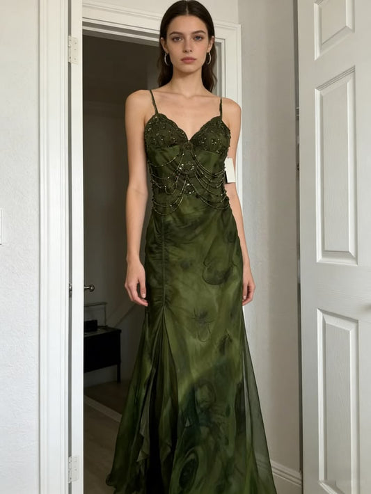 Elegant Dark Green Floral Chiffon Beaded Prom Dresses, LTP4602