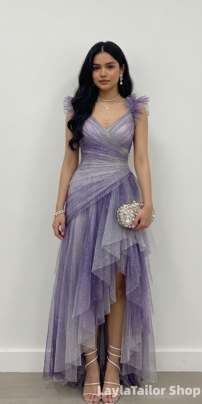 Sparkly Gradient Color Purple Tulle Prom Dress With Slit LTP82759