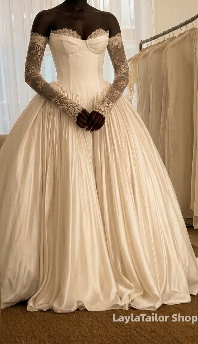Elegant Ivory A-Line Wedding Dresses Lace Satin Bridal Dress,LTP3701