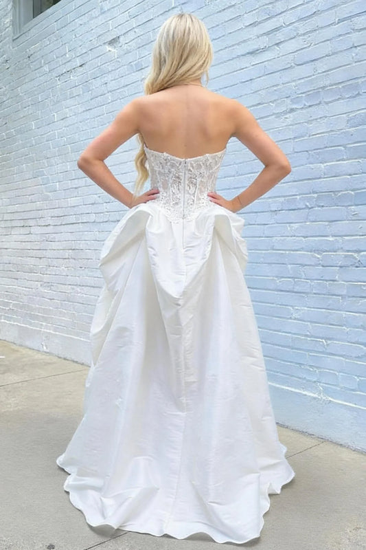 Elegant Ivory Strapless Appliques Senior Prom Dresses Ruffle Party Dress,LTP4439