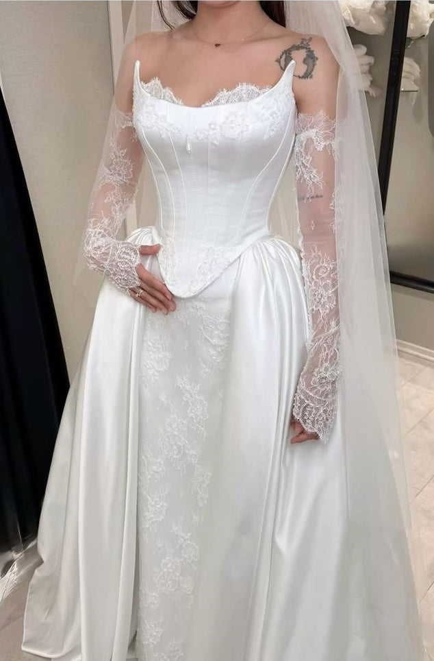 Elegant Lace Satin Sheath Wedding Dresses With Lace Sleeves,LTP4360