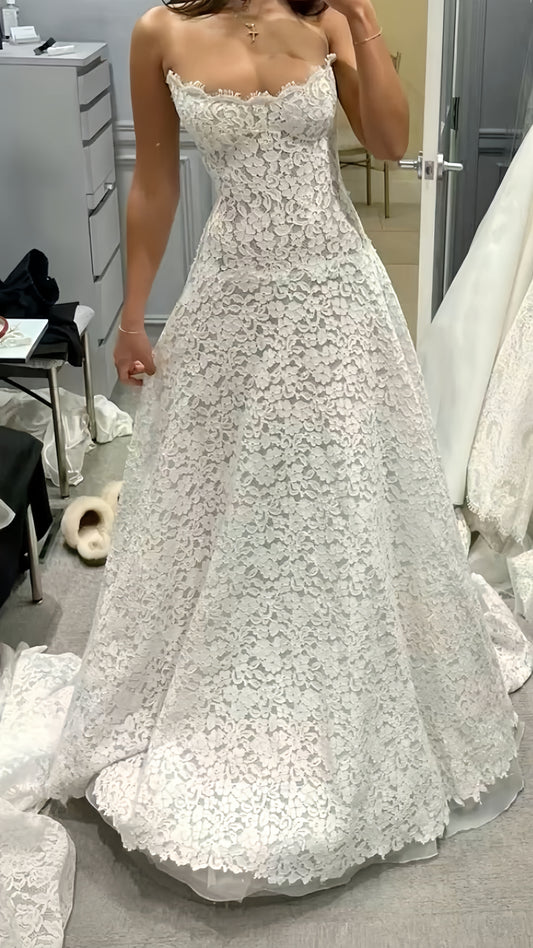 Elegant Lace Strapless A-line Wedding Gown Bridal Dresses With Sweep Train,LTP4058