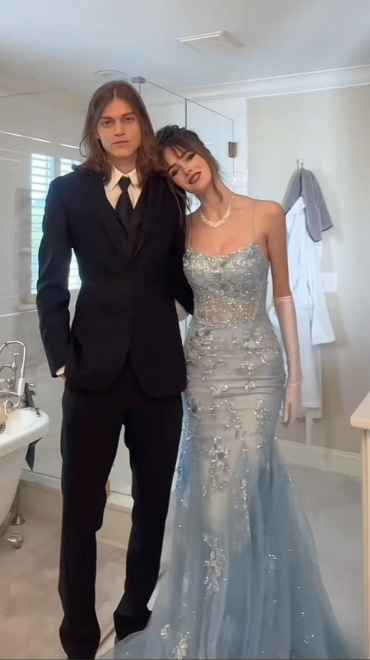 Elegant Light Blue Lace Applique Mermaid Prom Dresses Beaded Tulle Formal Party Dress,LTP4159