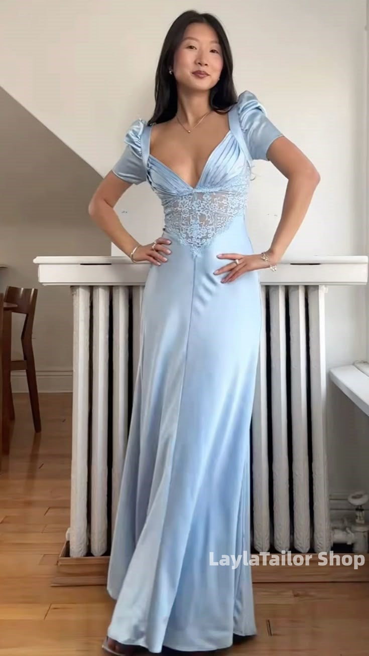 Elegant Light Blue Satin Lace Evening Prom Dress,LTP3661