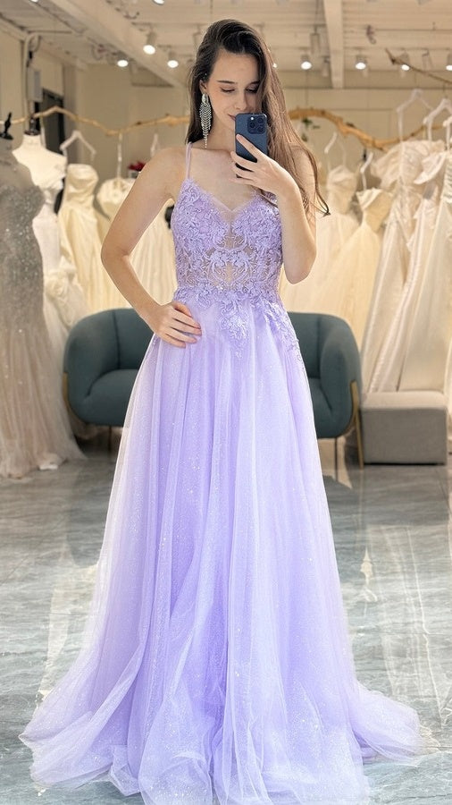 Elegant Lilac A-line Tulle Prom Dresses Appliques Evening Party Dress,LTP4115