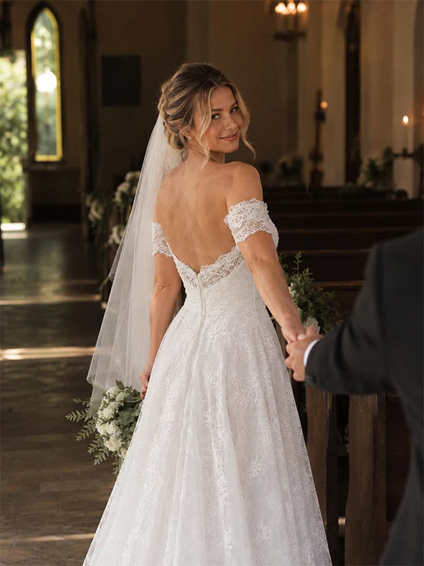 Elegant Off The Shoulder White Lace Wedding Dress A-Line Bridal Gown With Train,LTP82800