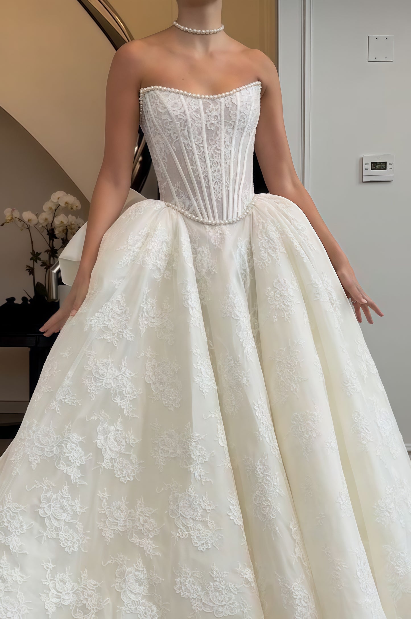 Elegant Pearl Beaded Wedding Dress, Lace Ball Gown With Big Bow,LTP3454