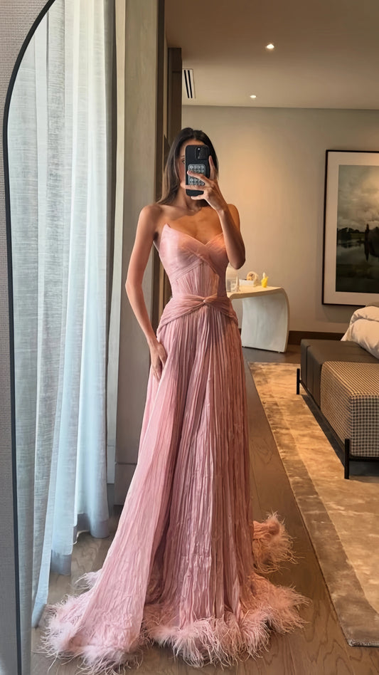 Elegant Pink A-line Prom Dresses Feather Pleated Evening Party Dress,LTP4079