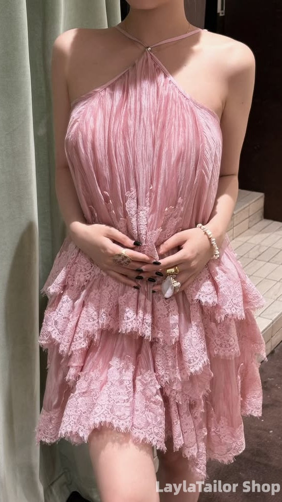 Elegant Pink Lace Ruffle Homecoming Dress