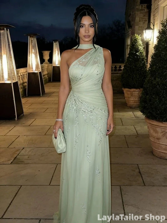 Elegant Sage Green One Shoulder Prom Dress Appliques Sheer Mesh Gown LTP82710