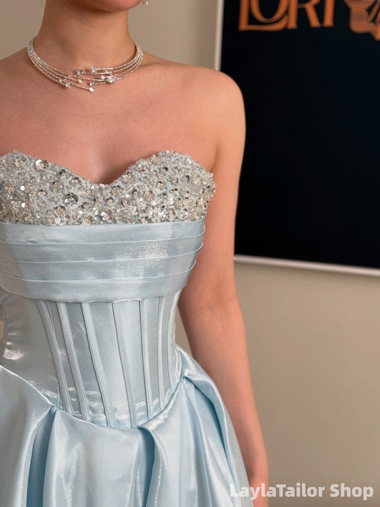Elegant Sky Blue Beaded Organza Long Prom Dresses LTP82715