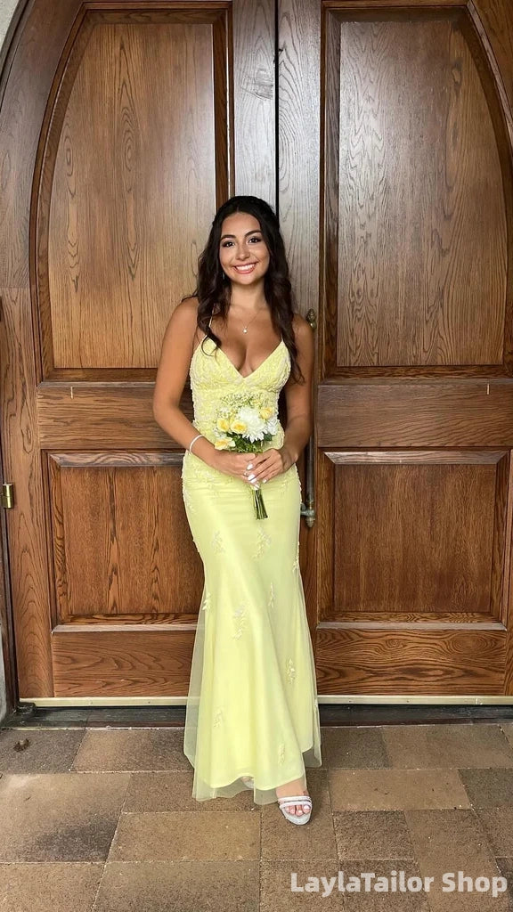 Elegant Spaghetti Strap Sleeveless Mermaid Tulle Appliques Long Evening Prom Dresses Online LTP82713