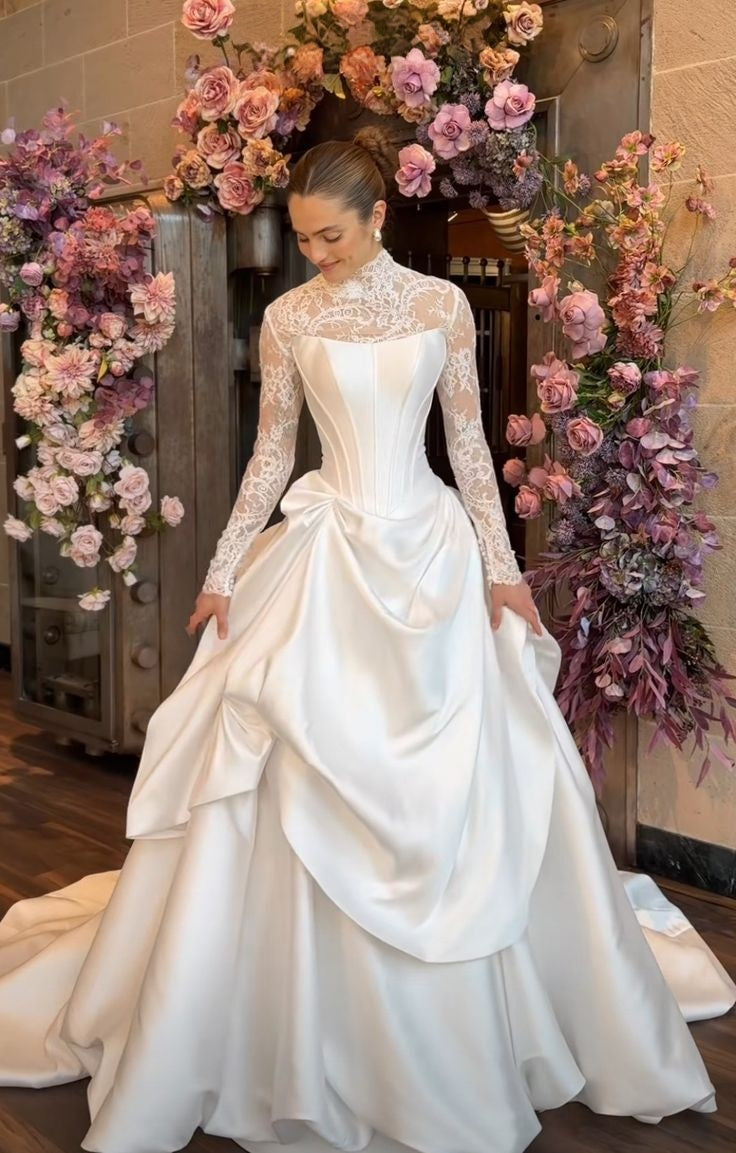 Elegant White Lace Satin Bridal Dresses Long A-Line Wedding Gown,LTP4276