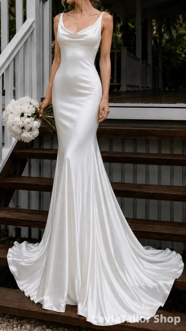 Elegant White Satin Wedding Dresses Mermaid Bridal Gown With Drop Back, LTP82810