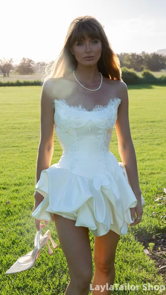 Elegant Ivory Strapless Lace Pearl Homecoming Dresses Mini Wedding Reception Dress LTP82618