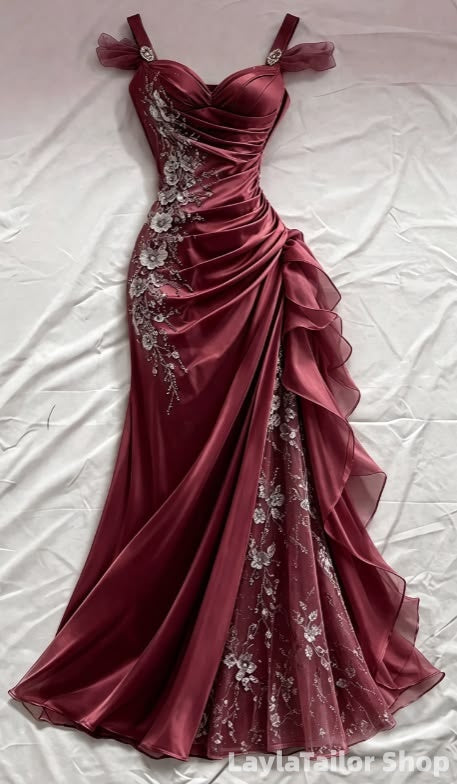 Elegant Mermaid Floral Lace Ruffle Prom Formal Dresses