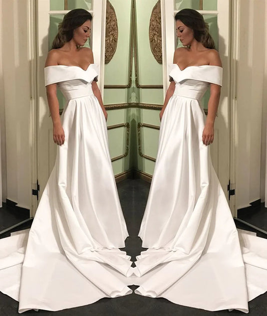 Off The Shoulder White Satin Custom Made Cheap Wedding Dresses