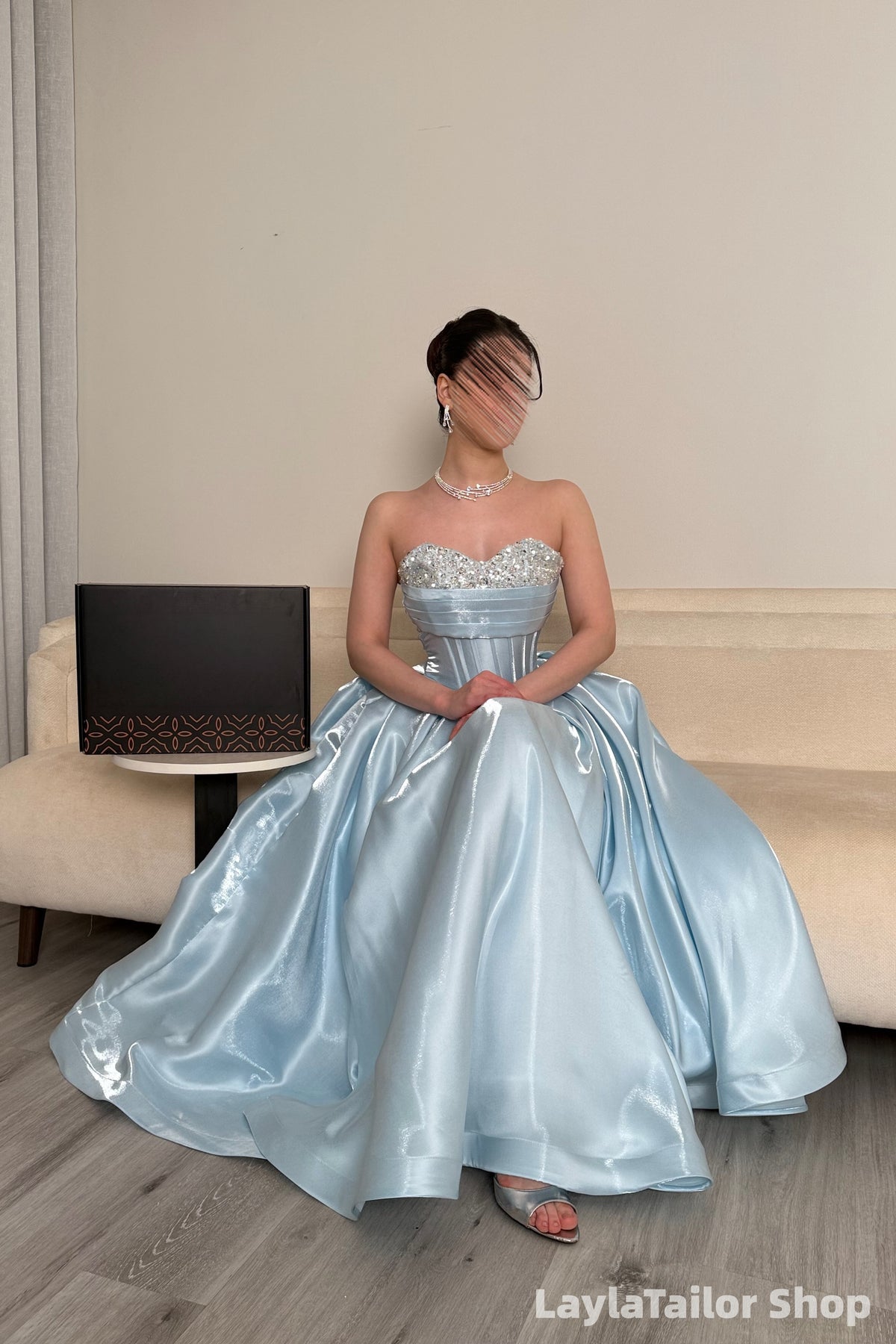 Elegant Sky Blue Beaded Organza Long Prom Dresses LTP82715