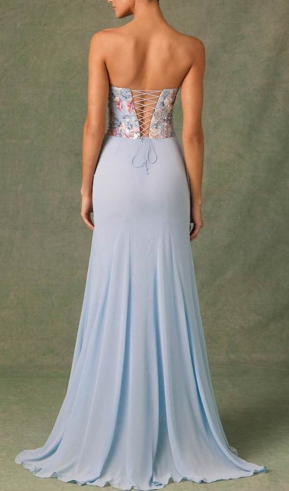 Fairy Blue Embroidery Floral Prom Dresses Slim Chiffon Evening Party Dress,LTP4143
