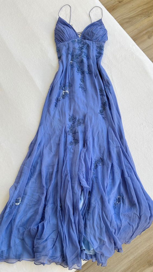 Fairy Blue/Purple Spaghetti Straps Appliques Chiffon Prom Dresses