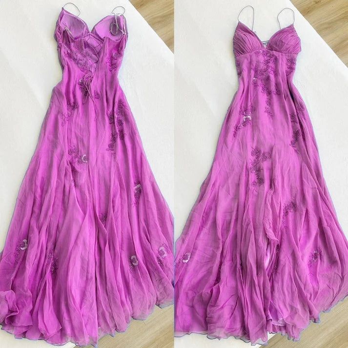 Fairy Blue/Purple Spaghetti Straps Appliques Chiffon Prom Dresses