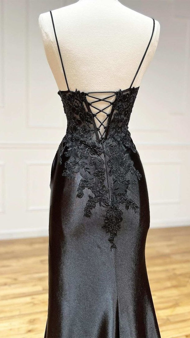 Fashion Black Spaghetti Straps Appliques Prom Dresses Long Evening Party Dress With Slit,LTP4051